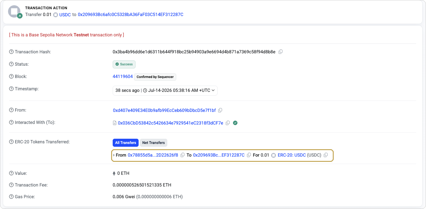 Basescan transaction details for the payment: status Success on Base Sepolia testnet, with the ERC-20 transfer row showing 0.01 USDC moving to the demo merchant at 0x209693Bc…